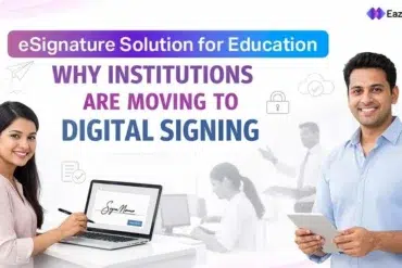Smiling man and woman in professional attire using digital devices. Text reads "eSignature Solution for Education: Why Institutions Are Moving to Digital Signing." Background people in discussion.