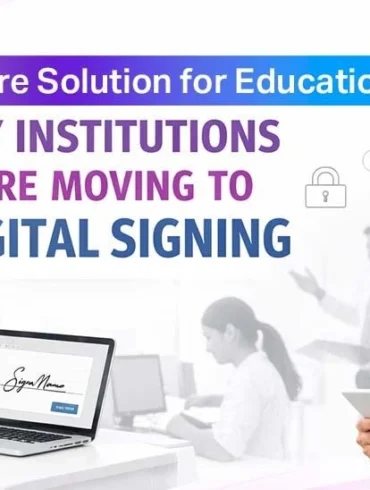 Smiling man and woman in professional attire using digital devices. Text reads "eSignature Solution for Education: Why Institutions Are Moving to Digital Signing." Background people in discussion.