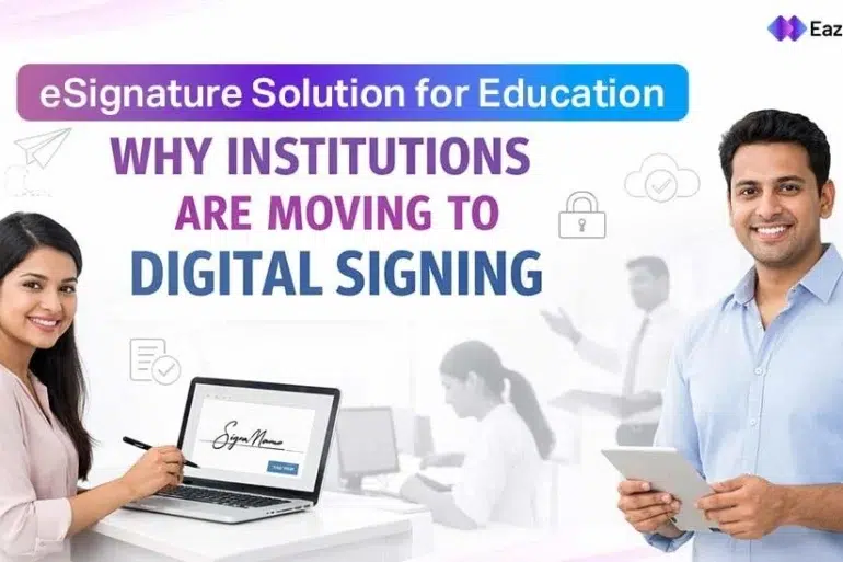 Smiling man and woman in professional attire using digital devices. Text reads "eSignature Solution for Education: Why Institutions Are Moving to Digital Signing." Background people in discussion.