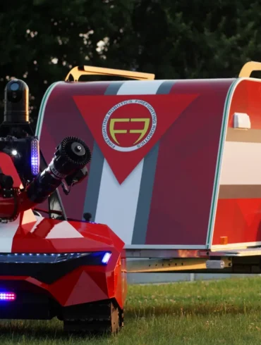 A futuristic red and white robotic vehicle on grass, featuring LED lights and a camera. It tows a matching trailer with a stylized logo, set against trees.
