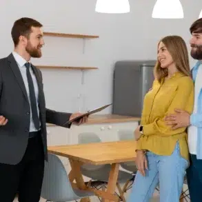 A real estate agent in a suit gestures while holding a clipboard, speaking to a smiling couple in a modern kitchen. The atmosphere is positive and engaging.