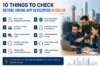 10 Things to Check Before Hiring App Developers in Dallas' with a list of key considerations. Three people collaborate at a desk, with a city skyline in the background, conveying professionalism and teamwork.