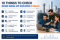 10 Things to Check Before Hiring App Developers in Dallas' with a list of key considerations. Three people collaborate at a desk, with a city skyline in the background, conveying professionalism and teamwork.
