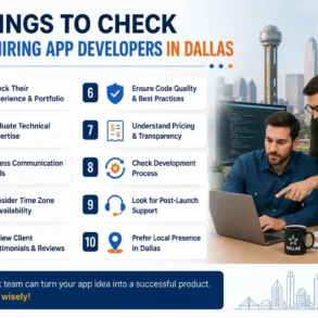 10 Things to Check Before Hiring App Developers in Dallas' with a list of key considerations. Three people collaborate at a desk, with a city skyline in the background, conveying professionalism and teamwork.