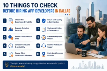 10 Things to Check Before Hiring App Developers in Dallas' with a list of key considerations. Three people collaborate at a desk, with a city skyline in the background, conveying professionalism and teamwork.