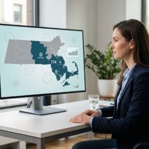 774 Area Code location map showing Massachusetts cities, time zone, and phone lookup details