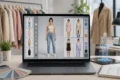 Virtual try-on interface on laptop displaying different outfit options on a female avatar, with clothing rack and digital 3D model nearby.