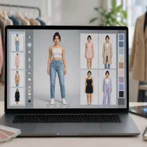 Virtual try-on interface on laptop displaying different outfit options on a female avatar, with clothing rack and digital 3D model nearby.