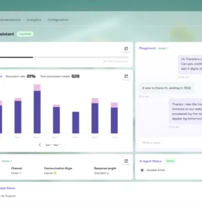 Dashboard of an AI support assistant showing a reply balance, weekly analytics with bar graphs, message exchanges, and AI configurations on a pale green background.