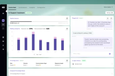 Dashboard of an AI support assistant showing a reply balance, weekly analytics with bar graphs, message exchanges, and AI configurations on a pale green background.