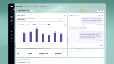 Dashboard of an AI support assistant showing a reply balance, weekly analytics with bar graphs, message exchanges, and AI configurations on a pale green background.