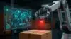 Robotic arm with a red sensor scanning a cardboard box, next to a holographic digital map with location data and analytics.