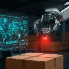 Robotic arm with a red sensor scanning a cardboard box, next to a holographic digital map with location data and analytics.