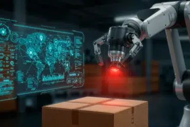 Robotic arm with a red sensor scanning a cardboard box, next to a holographic digital map with location data and analytics.