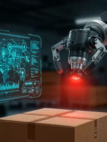 Robotic arm with a red sensor scanning a cardboard box, next to a holographic digital map with location data and analytics.
