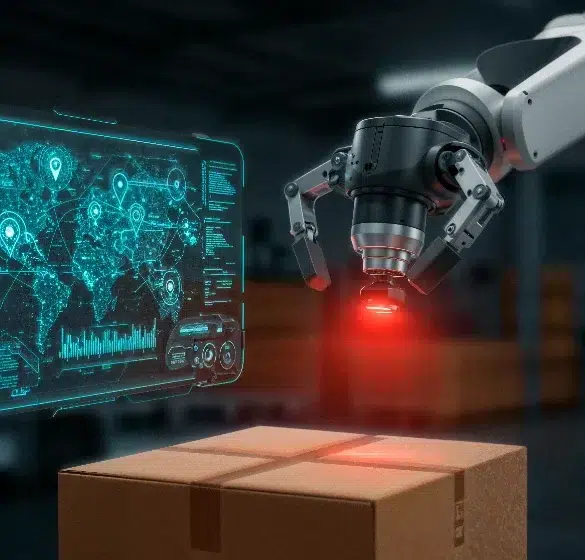 Robotic arm with a red sensor scanning a cardboard box, next to a holographic digital map with location data and analytics.
