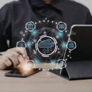 Person using a smartphone and tablet with digital cloud computing and data network icons floating above the devices on a wooden table.
