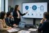A businesswoman presents a flowchart on AI compliance to three colleagues in a conference room, conveying professionalism and focus.