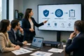 A businesswoman presents a flowchart on AI compliance to three colleagues in a conference room, conveying professionalism and focus.
