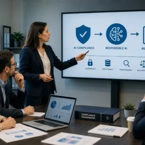 A businesswoman presents a flowchart on AI compliance to three colleagues in a conference room, conveying professionalism and focus.