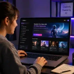 A woman in a cozy room uses a laptop displaying an AI video generator interface with futuristic images. A desk lamp, mug, and notebook are nearby.