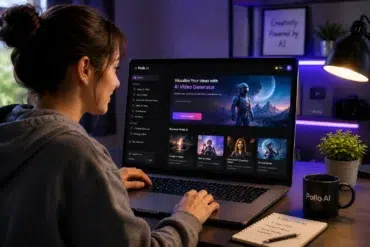A woman in a cozy room uses a laptop displaying an AI video generator interface with futuristic images. A desk lamp, mug, and notebook are nearby.