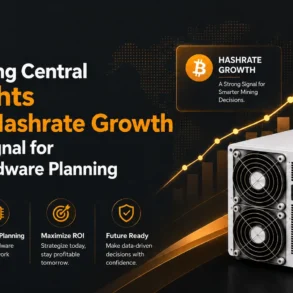 Graphic highlighting Bitcoin hashrate growth as a key signal for mining planning. Includes icons for market signals, smarter planning, maximizing ROI, and future readiness, next to an image of mining hardware. The background features a rising bar and line graph symbolizing growth.