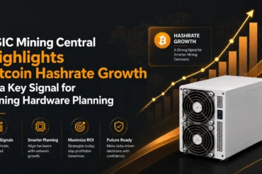 Graphic highlighting Bitcoin hashrate growth as a key signal for mining planning. Includes icons for market signals, smarter planning, maximizing ROI, and future readiness, next to an image of mining hardware. The background features a rising bar and line graph symbolizing growth.