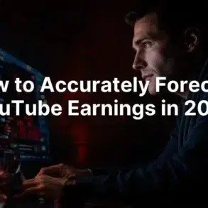 Man focused on computer screens displaying data and charts, in dimly lit setting. Text overlay reads, "How to Accurately Forecast YouTube Earnings in 2026."