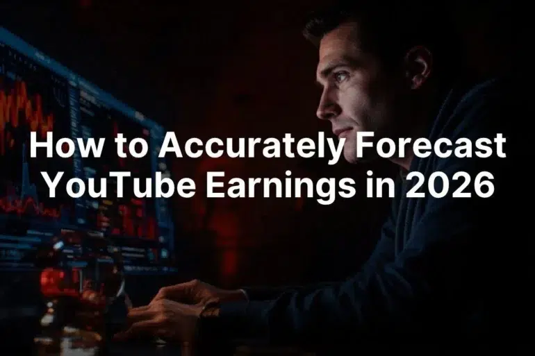 Man focused on computer screens displaying data and charts, in dimly lit setting. Text overlay reads, "How to Accurately Forecast YouTube Earnings in 2026."