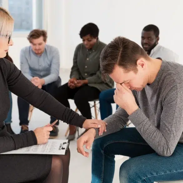 Therapist comforting a distressed man during a group counseling session with others seated in the background.