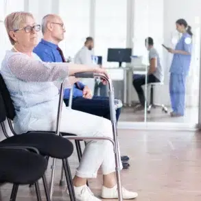 Elderly woman with a walker and a man sit in a clinic waiting room. A nurse and a patient are visible through glass doors. The scene is calm and clinical.