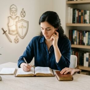 Armor of God Bible study showing Christian faith, prayer, spiritual strength, and Ephesians 6 daily lessons