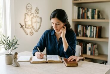 Armor of God Bible study showing Christian faith, prayer, spiritual strength, and Ephesians 6 daily lessons