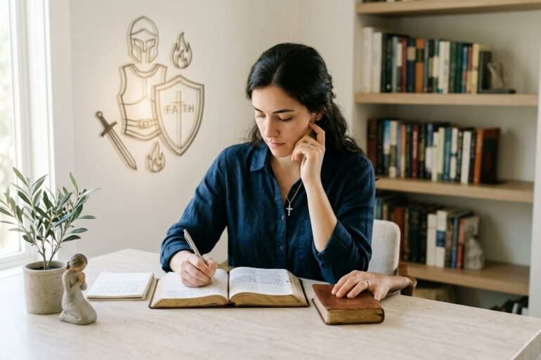 Armor of God Bible study showing Christian faith, prayer, spiritual strength, and Ephesians 6 daily lessons