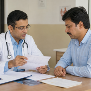 Authorised Medical Attendant reviewing medical documents and reimbursement claim form with an employee in a healthcare office