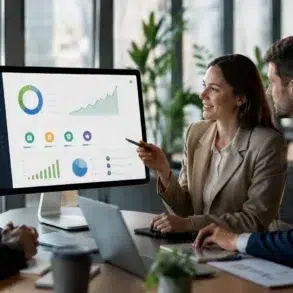 A group of business professionals in a modern office discuss performance metrics and reward tiers displayed on a large monitor, showcasing the capabilities of B2B Loyalty Program Software.