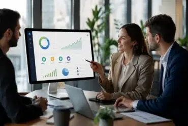 A group of business professionals in a modern office discuss performance metrics and reward tiers displayed on a large monitor, showcasing the capabilities of B2B Loyalty Program Software.