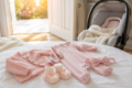 Baby Girl Coming Home Outfit in soft pink newborn clothes with blanket and tiny baby accessories