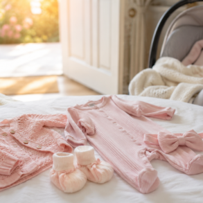 Baby Girl Coming Home Outfit in soft pink newborn clothes with blanket and tiny baby accessories