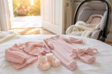 Baby Girl Coming Home Outfit in soft pink newborn clothes with blanket and tiny baby accessories