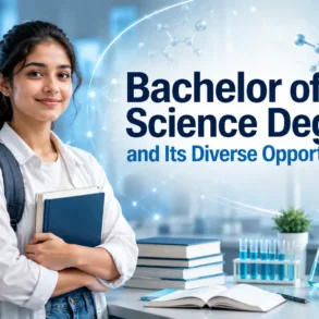 A smiling young woman holds books in a science lab setting, featuring a microscope and glassware. Text reads "Bachelor of Science Degree and Its Diverse Opportunities."