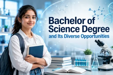 A smiling young woman holds books in a science lab setting, featuring a microscope and glassware. Text reads "Bachelor of Science Degree and Its Diverse Opportunities."