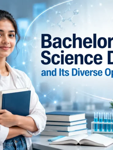 A smiling young woman holds books in a science lab setting, featuring a microscope and glassware. Text reads "Bachelor of Science Degree and Its Diverse Opportunities."