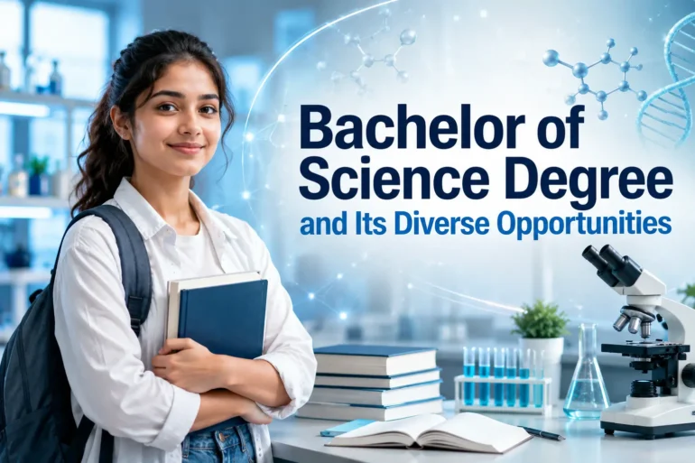 A smiling young woman holds books in a science lab setting, featuring a microscope and glassware. Text reads "Bachelor of Science Degree and Its Diverse Opportunities."