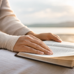Bible Verses About Healing for strength hope and peace with an open Bible and soft peaceful light