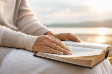Bible Verses About Healing for strength hope and peace with an open Bible and soft peaceful light