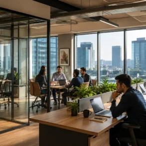 Modern office with large windows showcasing cityscape. Two teams collaborate, one in a glass-walled room, the other at desks with laptops and plants. Bright, focused atmosphere.