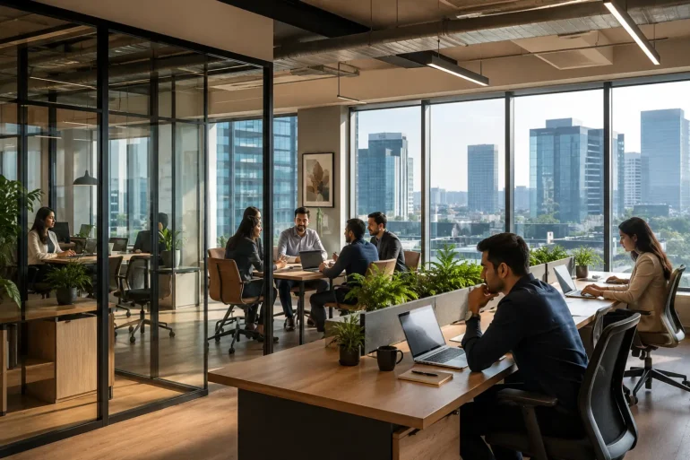 Modern office with large windows showcasing cityscape. Two teams collaborate, one in a glass-walled room, the other at desks with laptops and plants. Bright, focused atmosphere.