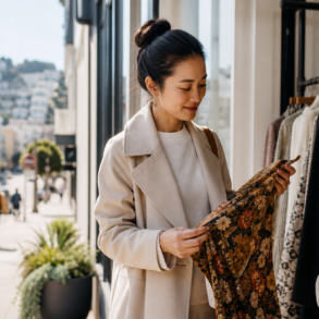Boutique San Francisco local fashion shop with stylish clothing, accessories, and a shopper browsing unique finds